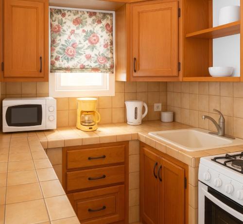 a kitchen with wooden cabinets and a microwave oven at Charming Apartment in La Savane, 65 sqm with Terrace in Happy Bay