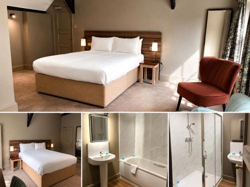 two pictures of a hotel room with a bed and a bathroom at Marston Farm Hotel in Sutton Coldfield