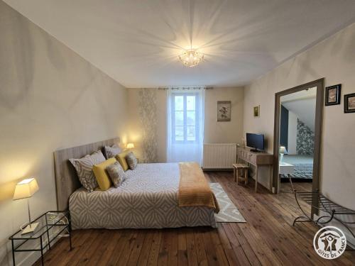 a bedroom with a bed and a mirror and a television at Chambres d'hôtes Ecole Buissonnière en Dordogne in Le Buisson de Cadouin