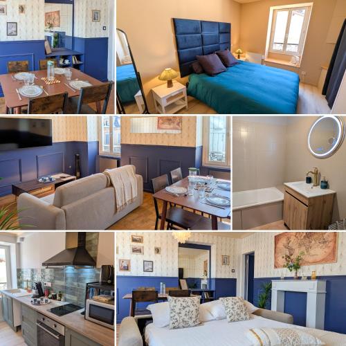a collage of photos of a bedroom and a living room at Le Céleste T2 cosy en hypercentre de Gap in Gap