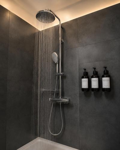 a bathroom with a shower with two bottles of soap at le Riviera in Aix-les-Bains