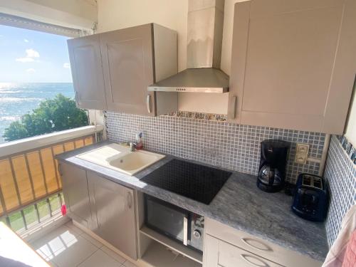 a small kitchen with a sink and a window at Studio confortable avec vue sur la mer in Le Gosier