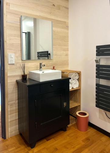 a bathroom with a sink and a mirror at Emmanon - Appartement in La Coquille