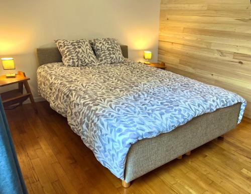 a bed in a bedroom with two lamps on tables at Emmanon - Appartement in La Coquille