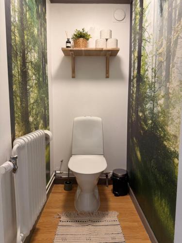 a bathroom with a toilet and a shelf on the wall at Bondasgården in Lima