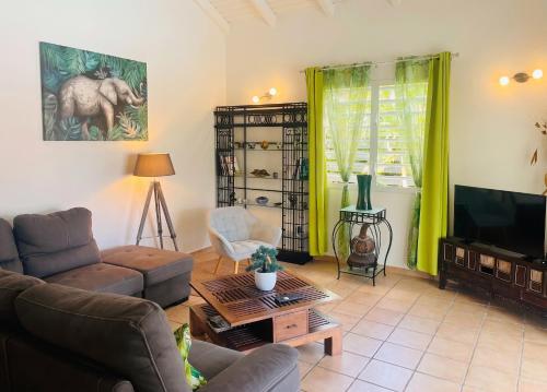 a living room with a couch and a tv at Villa élégante à Saint-François + Piscine privée in Saint-François