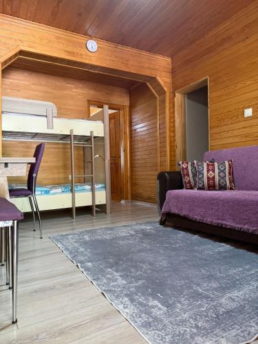 a living room with a purple couch and a bed at Haros Apart Hotel in Uzungöl
