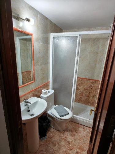 a bathroom with a shower and a toilet and a sink at H Arkanta in Arganda del Rey