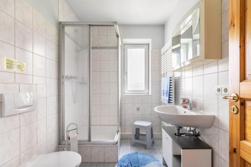 a bathroom with a shower and a sink and a toilet at Ferienhof Martens in Schülperweide