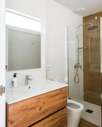 a bathroom with a sink and a shower at A Calexa Sarria nº1 in Sarria