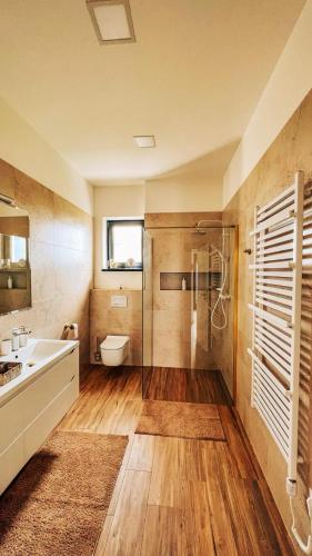 a bathroom with a shower and a sink and a toilet at Alexandra Nesvady in Nesvady