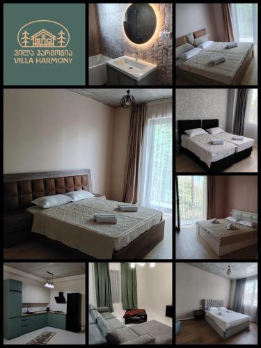 a collage of four pictures of a bedroom at Villa Harmony Tianeti in Tʼianetʼi