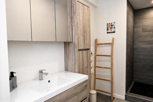 a bathroom with a sink and a shower at Caribean Style in Middelkerke
