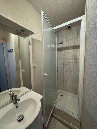 a bathroom with a sink and a shower with a glass door at Le Nid Ossalois in Eaux-Bonnes