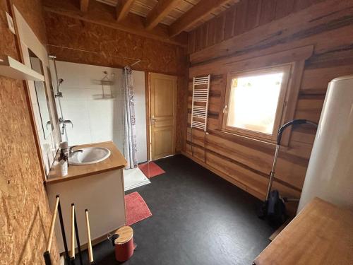 a small bathroom with a sink and a window at Golden Nest in Courteranges