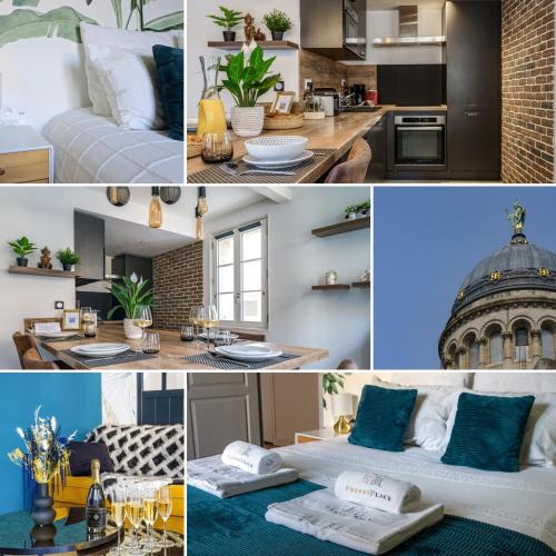 a collage of photos of a kitchen and a living room at Le Baleschoux - PrestiPlace Collection in Tours