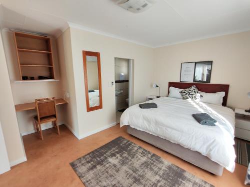 a bedroom with a bed and a desk and a mirror at Prince and Pooch Self Catering in Windhoek
