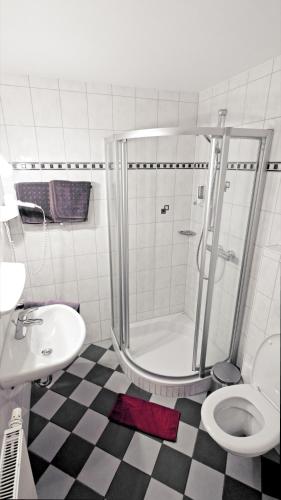 a bathroom with a shower and a toilet and a sink at Gasthaus Schwarzer Adler in Holzgünz