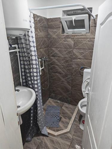 a bathroom with a shower and a sink and a toilet at Apartmani Peric Bogatic in Bogatić