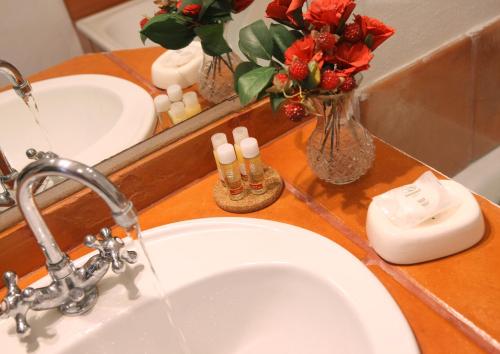 a bathroom sink with water running from a faucet and flowers at Quinta Da Praia Das Fontes in Alcochete