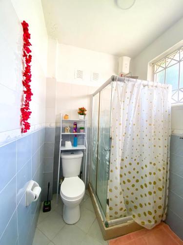 a bathroom with a toilet and a shower at jennies staycation in Mombasa