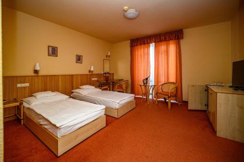 a hotel room with two beds and a television at Termálhotel Martfű in Martfů
