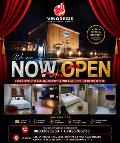 a flyer for a showroom with red curtains at Vinoregis Entertainment Lounge in Owerri