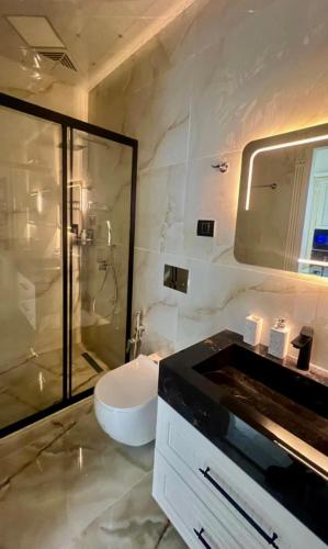 a bathroom with a shower and a toilet and a sink at Malibo Central Apartments in Baku