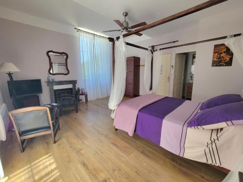 a bedroom with a bed and a chair and a fireplace at Maison d'Hôtes Le Cadran Solaire in Courcelles