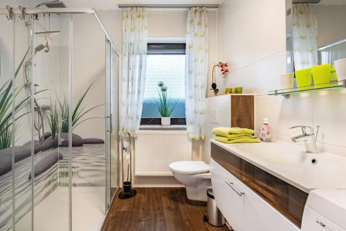 a bathroom with a shower and a toilet and a sink at Ferienwohnung Spatzennest in Arrach