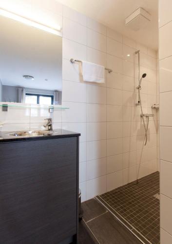 a bathroom with a sink and a shower at Appart Laijola in Gaschurn