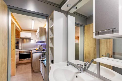 a bathroom with a sink and a kitchen at Ferienhaus 203 in Zadelsdorf