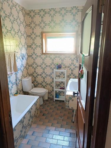 a bathroom with a tub and a toilet and a sink at Casa da Corredoura in Penafiel