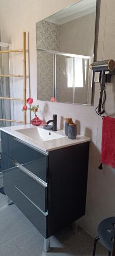 a bathroom with a sink and a mirror at Quinta Do Pinheirão in Coruche