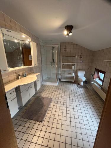 a bathroom with a sink and a shower and a toilet at Einzelzimmer in Jerrishoe