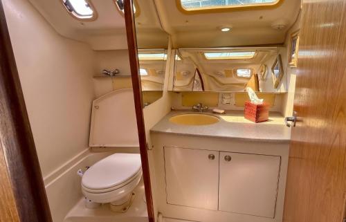 a small bathroom with a toilet and a sink at Elegant Sailboat Stay in Key West