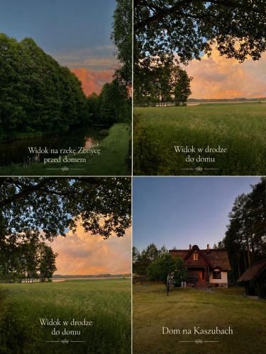 four different views of a field and a house at DOM POD STRZECHĄ, NAD RZEKĄ - 200m2 in Swornegacie