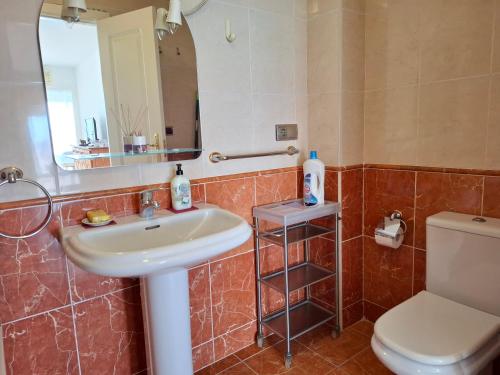 un bagno con lavandino, WC e specchio di Apartamento Playaestrella a Vícar