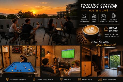 a collage of photos of a group of people playing pool at Hostel Friends Station & Cafe in Pattaya South
