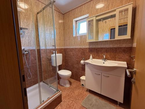 a bathroom with a shower and a toilet and a sink at Apartments Palma Novalja in Novalja