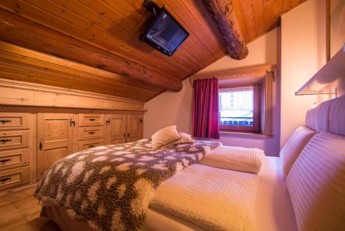 a bedroom with a bed and a tv in a cabin at Mansardalpina in Livigno