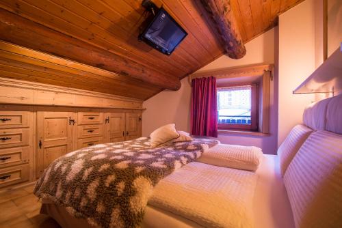 ein Schlafzimmer mit einem Bett und einem TV in einer Hütte in der Unterkunft Mansardalpina in Livigno