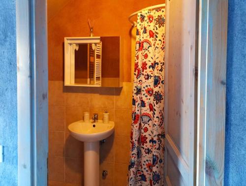 a bathroom with a sink and a shower curtain at I Conti della Serva in Cinzano