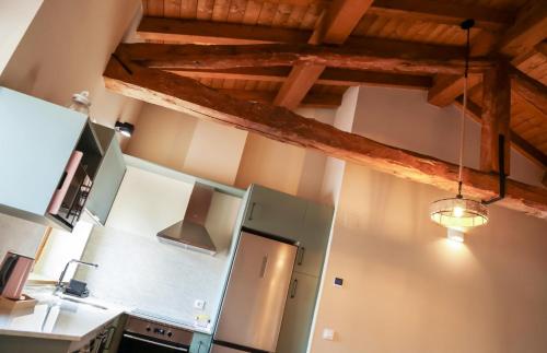 a kitchen with a refrigerator and a wooden ceiling at APARTAMENTOS PUENTEDEY in Puentedey