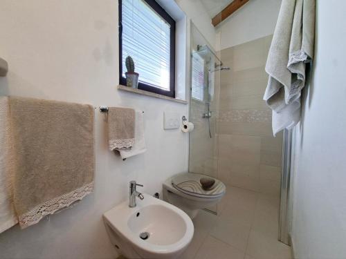 a bathroom with a sink and a toilet and a window at Casa Rosa Istria in Kućibreg