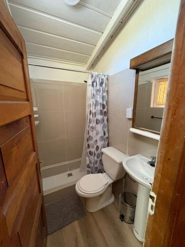 a small bathroom with a toilet and a sink at Cabañas Puchuman Lican Ray in Licán Ray