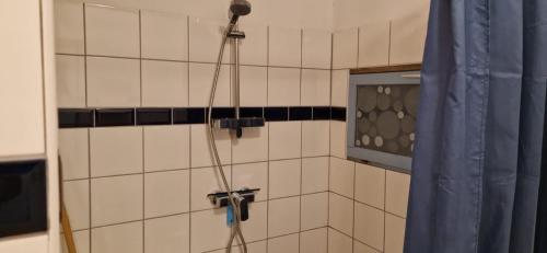 a shower with a hose in a bathroom at Gauguin in Douzains