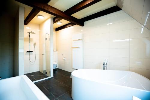 a bathroom with a large tub and a shower at Farmer Hotel Basedow & Spa in Basedow