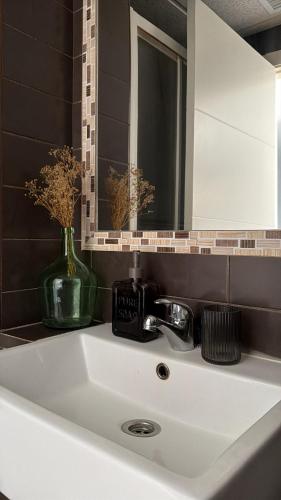 a bathroom sink with a vase and a mirror at Apartamento Rural en Valencia de Alcántara in San Pedro