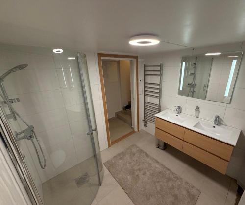 a bathroom with a shower and a sink and a mirror at Holiday Home 36A BÅSTAD in Båstad